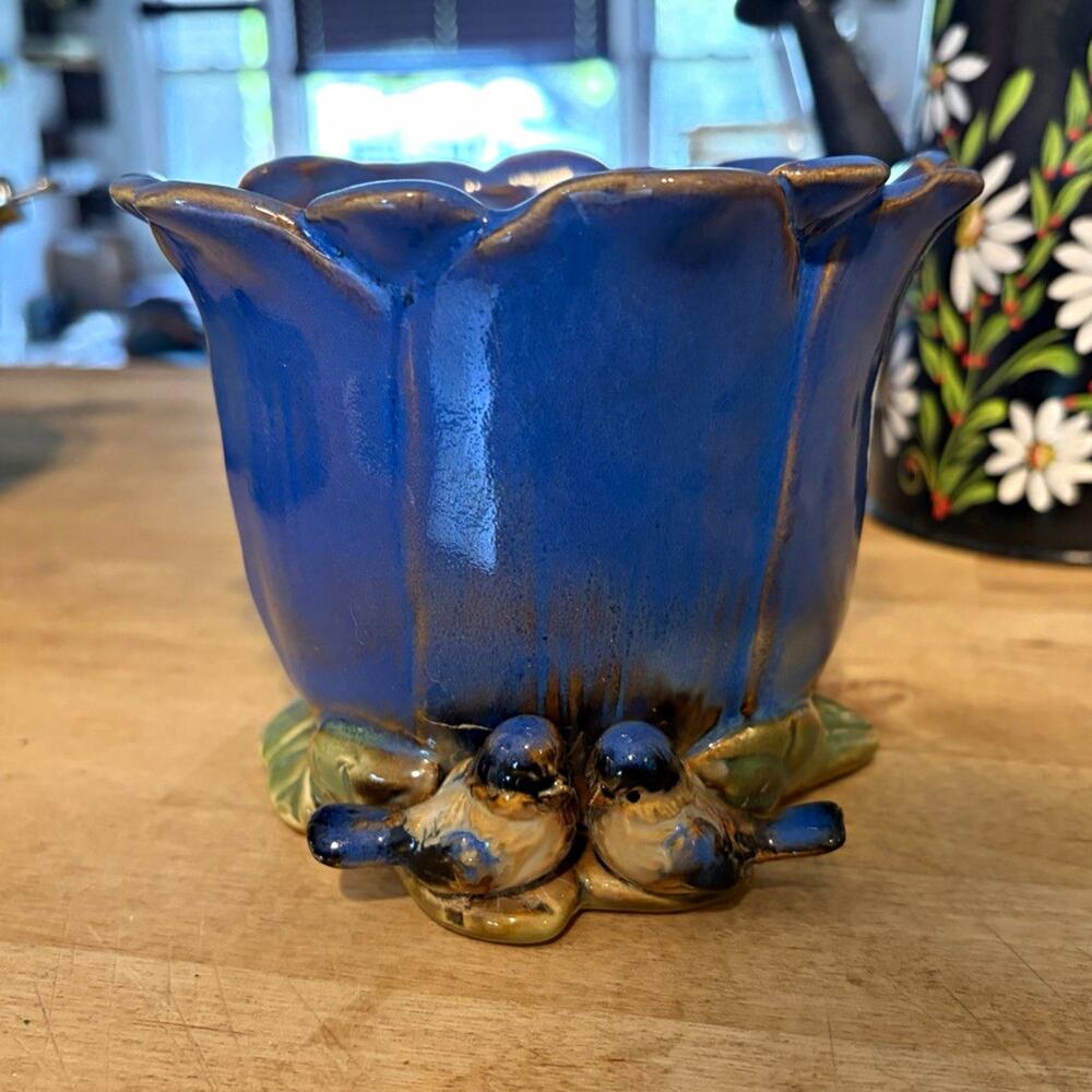 Vintage Blue Floral Ceramic Vase blue birds love birds Glossy Finish Art Pottery